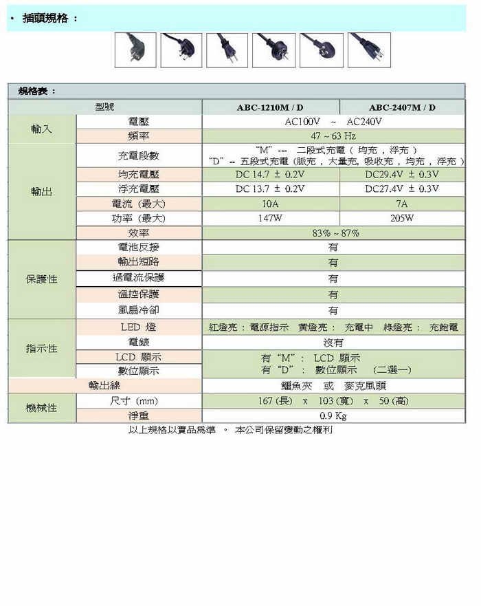 ABC-1210M / D ; ABC-2407M / D  自动充电器